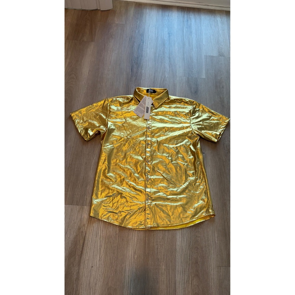 Jogal Metallic Gold Short Sleeve Button Down Shirt Size Party Dance Shine
